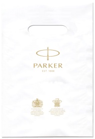 Фирменный подарочный пакет PARKER, Малый, полиэтиленовый, белый, 20*30 см.